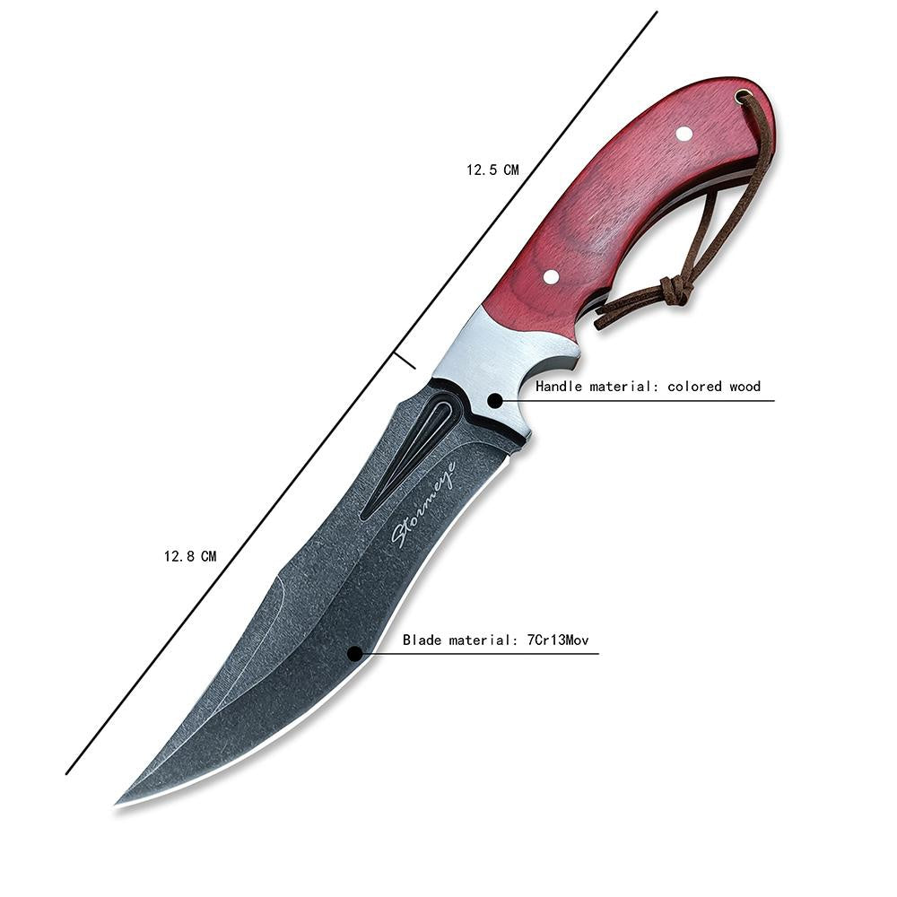 Stainless Steel Outdoor Bowie Knives Tactical Straight Knife Hunting Wild Jungle Survival Knife with Leather Sheath Self-defense Color Wood Handle Sharp Camping Knife