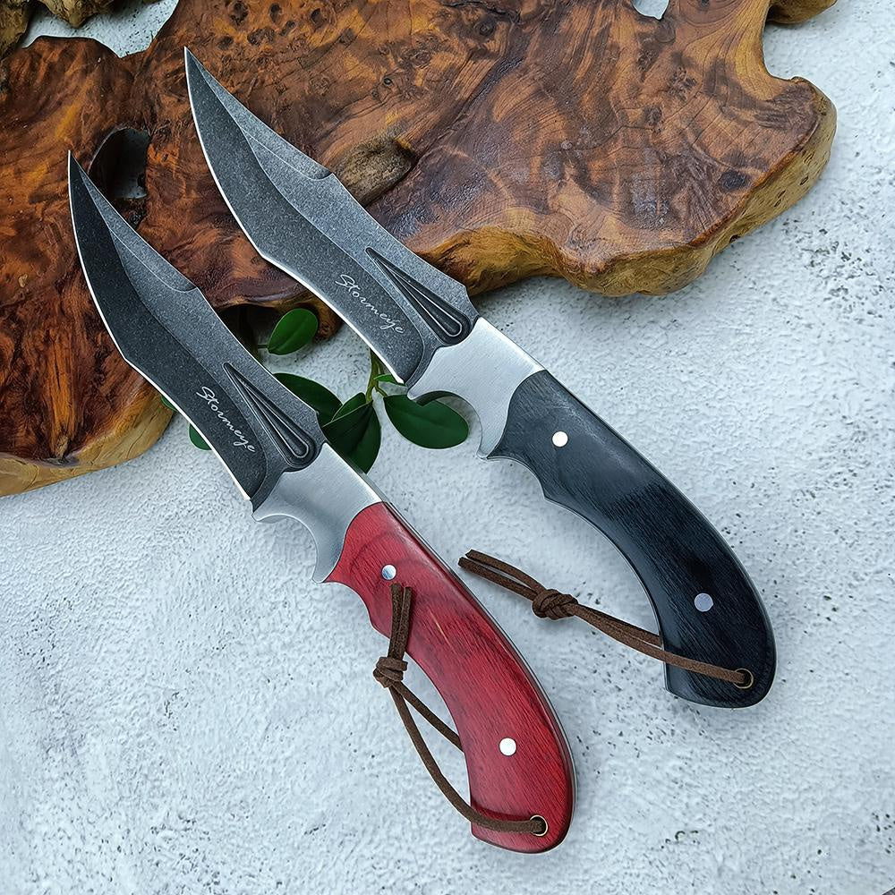 Stainless Steel Outdoor Bowie Knives Tactical Straight Knife Hunting Wild Jungle Survival Knife with Leather Sheath Self-defense Color Wood Handle Sharp Camping Knife