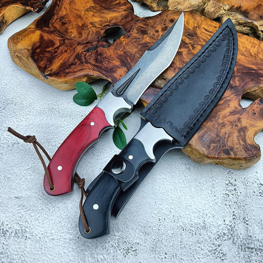 Stainless Steel Outdoor Bowie Knives Tactical Straight Knife Hunting Wild Jungle Survival Knife with Leather Sheath Self-defense Color Wood Handle Sharp Camping Knife