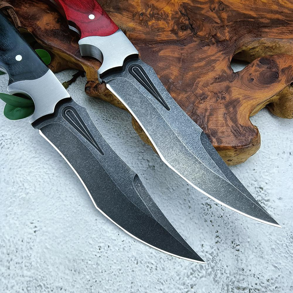 Stainless Steel Outdoor Bowie Knives Tactical Straight Knife Hunting Wild Jungle Survival Knife with Leather Sheath Self-defense Color Wood Handle Sharp Camping Knife