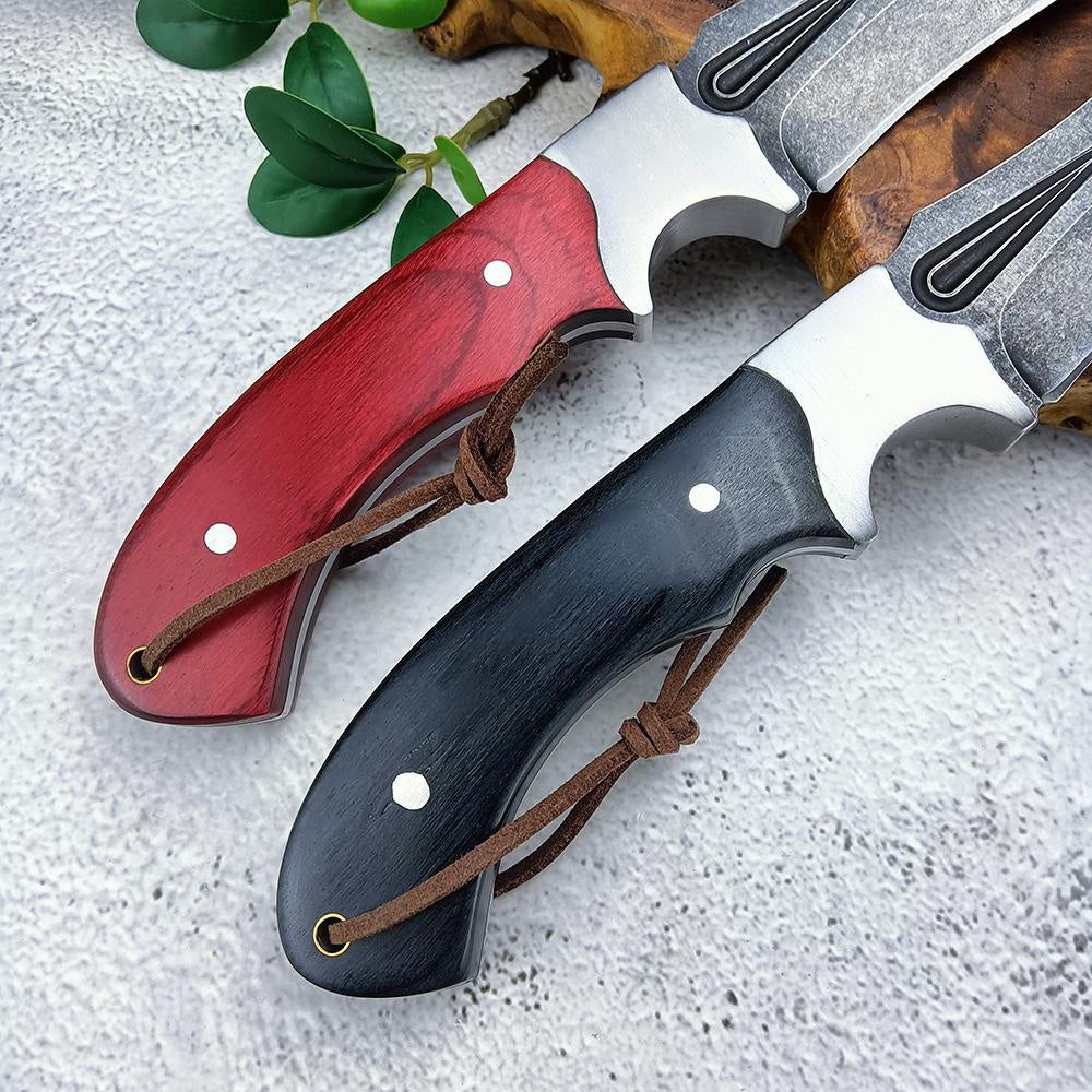 Stainless Steel Outdoor Bowie Knives Tactical Straight Knife Hunting Wild Jungle Survival Knife with Leather Sheath Self-defense Color Wood Handle Sharp Camping Knife