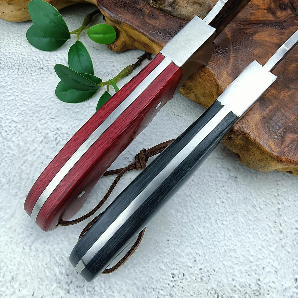 Stainless Steel Outdoor Bowie Knives Tactical Straight Knife Hunting Wild Jungle Survival Knife with Leather Sheath Self-defense Color Wood Handle Sharp Camping Knife