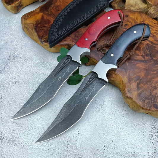 Stainless Steel Outdoor Bowie Knives Tactical Straight Knife Hunting Wild Jungle Survival Knife with Leather Sheath Self-defense Color Wood Handle Sharp Camping Knife