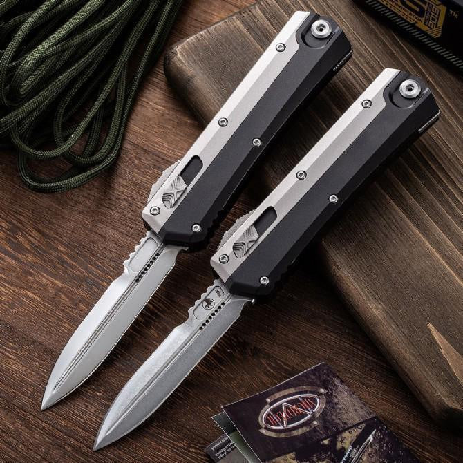 Microtech 184-10S Signature Series Snake God Glykon AUTO OTF Knife 3.5'' Stonewashed/Mirror Double Edge Bayonet Blade, Black Aluminum Handles with Titanium Overlays