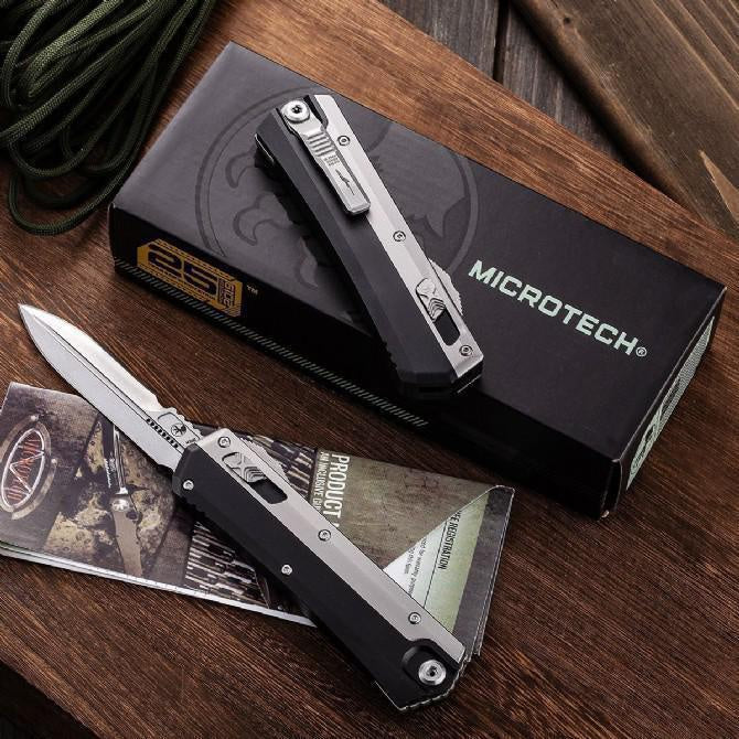 Microtech 184-10S Signature Series Snake God Glykon AUTO OTF Knife 3.5'' Stonewashed/Mirror Double Edge Bayonet Blade, Black Aluminum Handles with Titanium Overlays