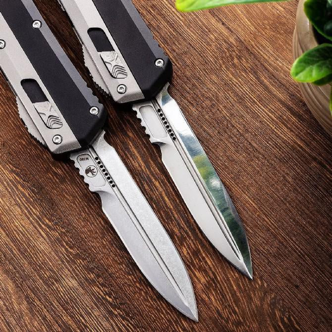 Microtech 184-10S Signature Series Snake God Glykon AUTO OTF Knife 3.5'' Stonewashed/Mirror Double Edge Bayonet Blade, Black Aluminum Handles with Titanium Overlays