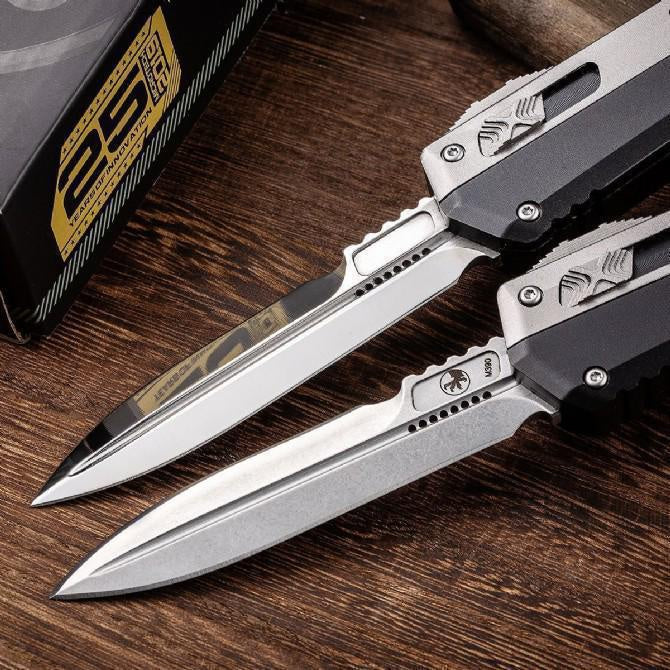 Microtech 184-10S Signature Series Snake God Glykon AUTO OTF Knife 3.5'' Stonewashed/Mirror Double Edge Bayonet Blade, Black Aluminum Handles with Titanium Overlays