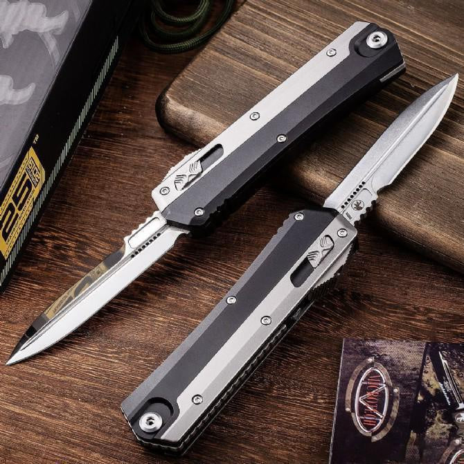 Microtech 184-10S Signature Series Snake God Glykon AUTO OTF Knife 3.5'' Stonewashed/Mirror Double Edge Bayonet Blade, Black Aluminum Handles with Titanium Overlays