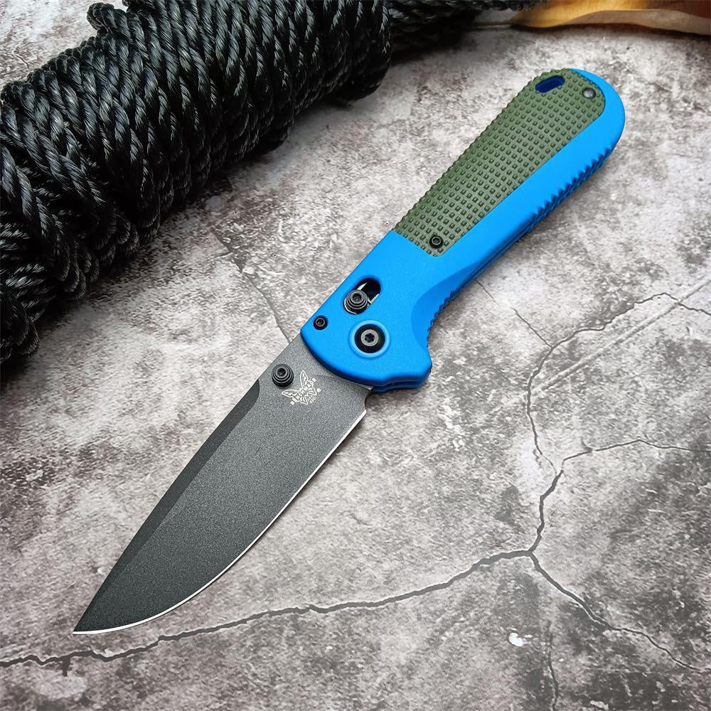 Benchmade 430 Redoubt AXIS Folding Pocket Knife 3.55" CPM-D2 Graphite Black Plain Blade, Gray and Blue Grivory Handles Benchmade 430BK Outdoor Tactical Camping Self defense EDCTool
