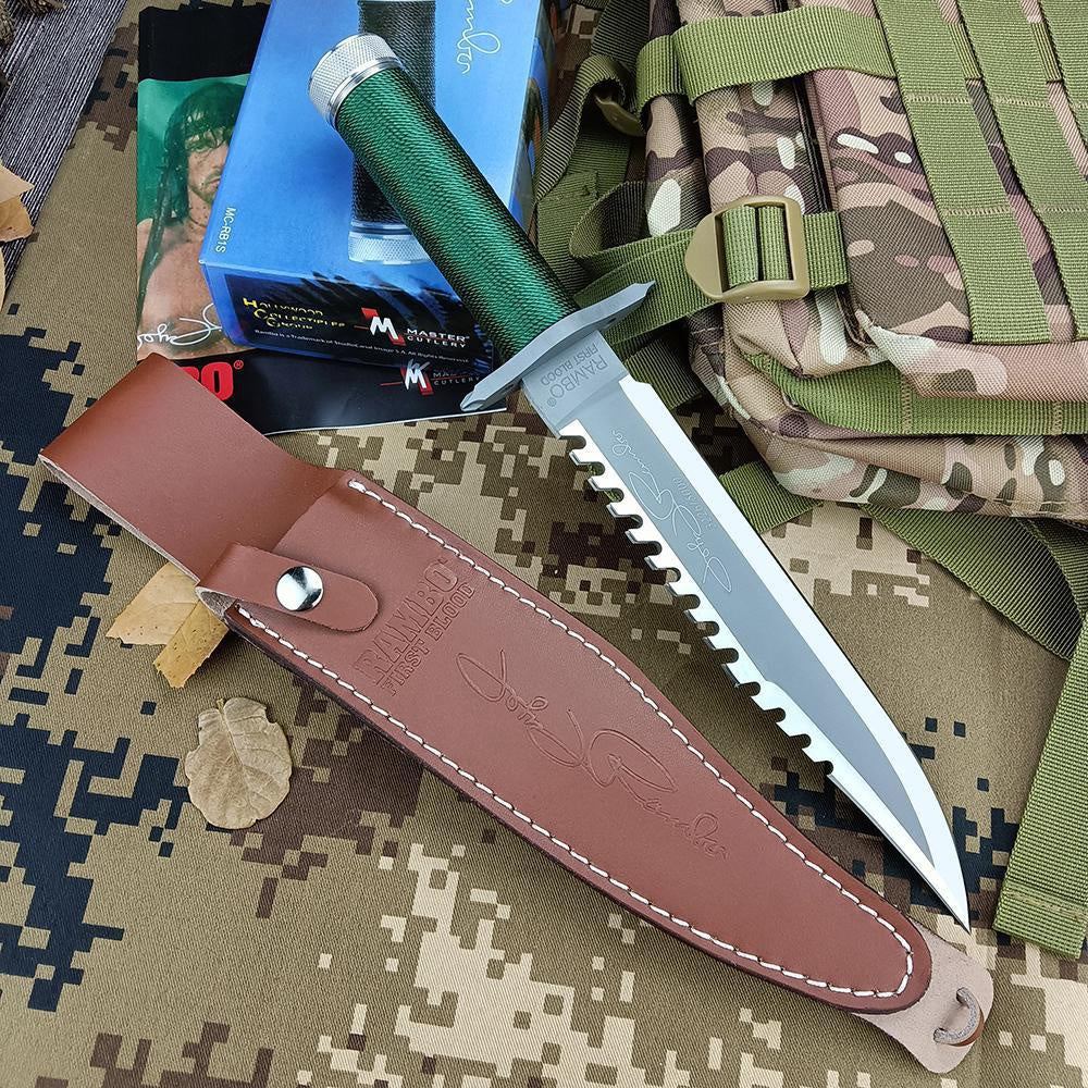 Rambo II Bowie Knife Outdoor Camping Wild Survival Knife Fixed Blade High Hardness Multifunction Combat Knife Tactical Tool with Cowhide Sheath