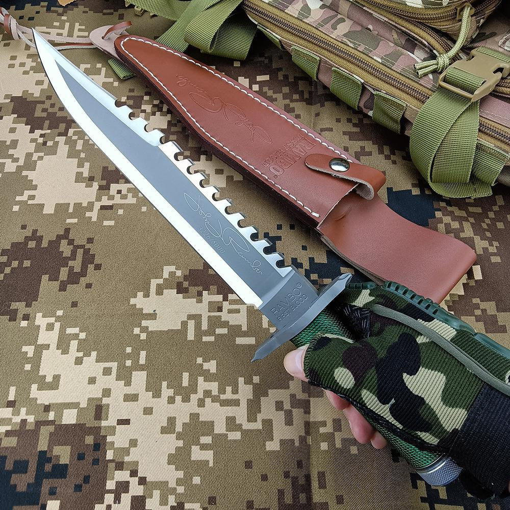 Rambo II Bowie Knife Outdoor Camping Wild Survival Knife Fixed Blade High Hardness Multifunction Combat Knife Tactical Tool with Cowhide Sheath