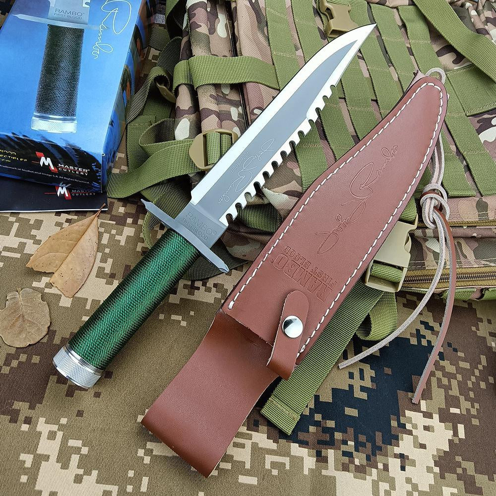 Rambo II Bowie Knife Outdoor Camping Wild Survival Knife Fixed Blade High Hardness Multifunction Combat Knife Tactical Tool with Cowhide Sheath