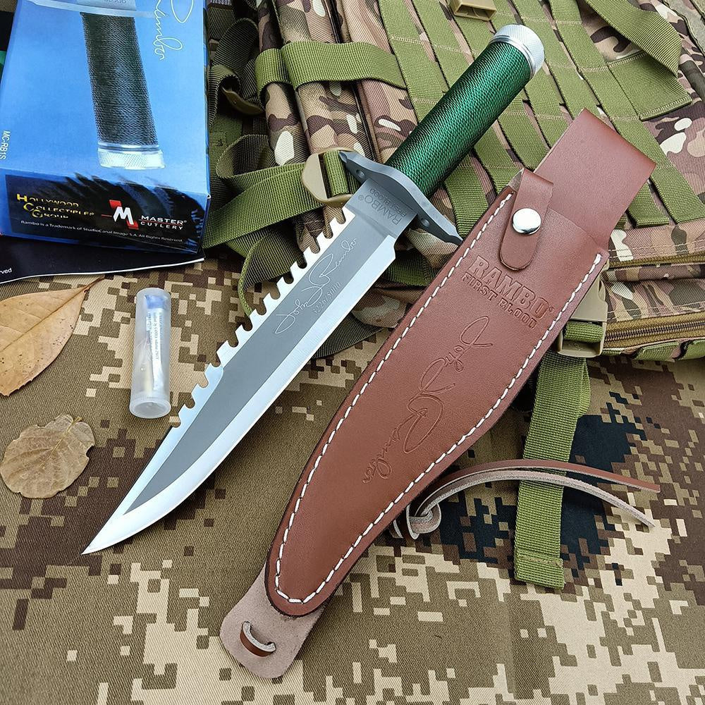 Rambo II Bowie Knife Outdoor Camping Wild Survival Knife Fixed Blade High Hardness Multifunction Combat Knife Tactical Tool with Cowhide Sheath