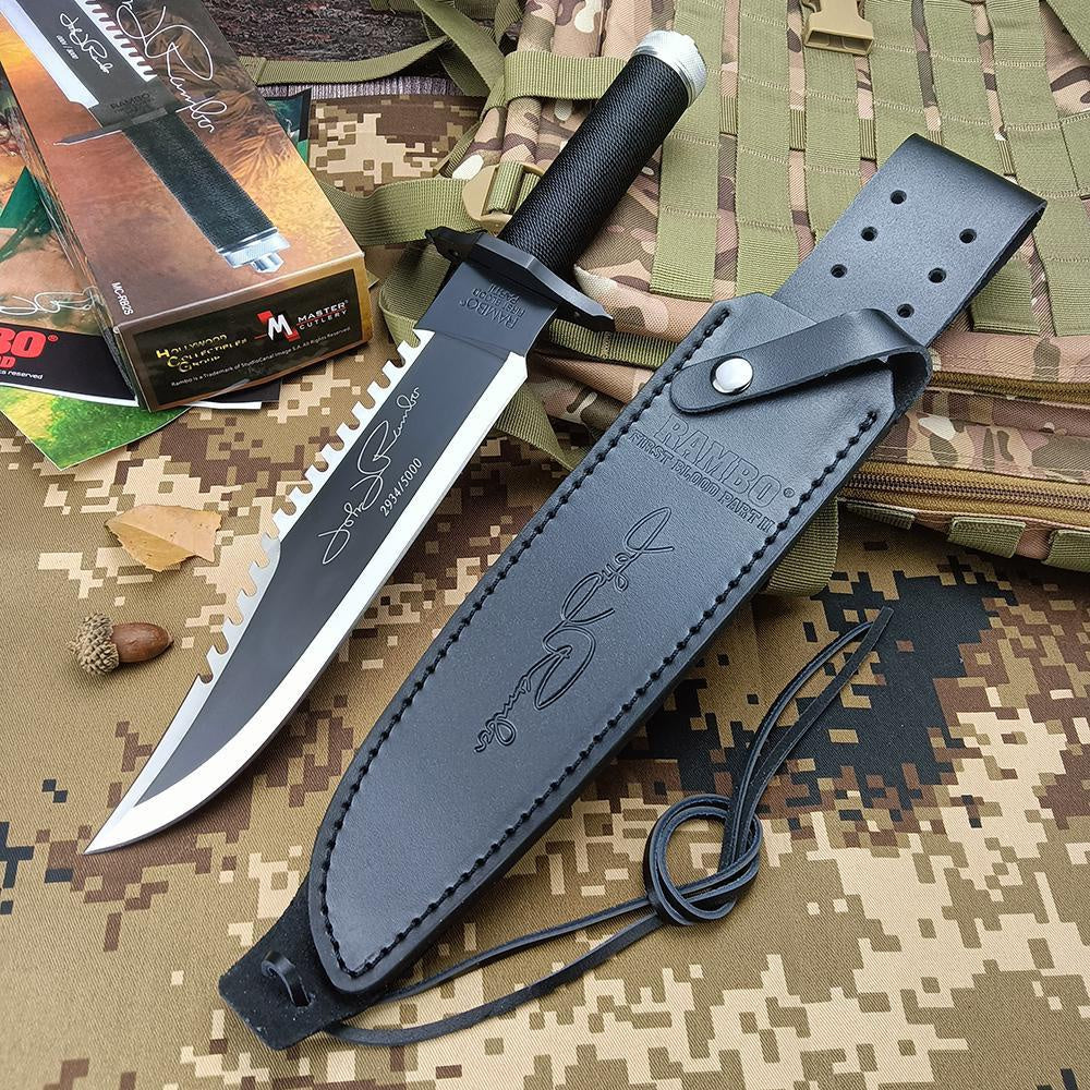 Rambo II Bowie Knife Outdoor Camping Wild Survival Knife Fixed Blade High Hardness Multifunction Combat Knife Tactical Tool with Cowhide Sheath