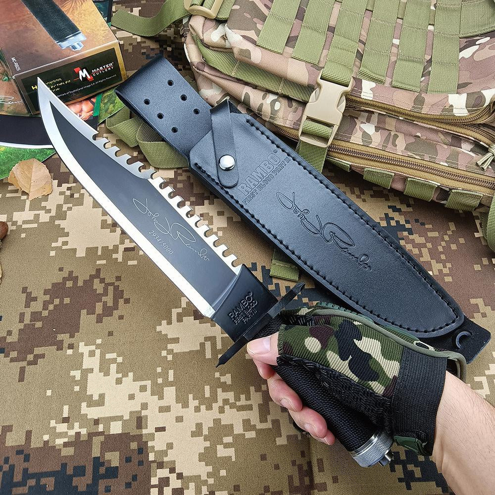 Rambo II Bowie Knife Outdoor Camping Wild Survival Knife Fixed Blade High Hardness Multifunction Combat Knife Tactical Tool with Cowhide Sheath