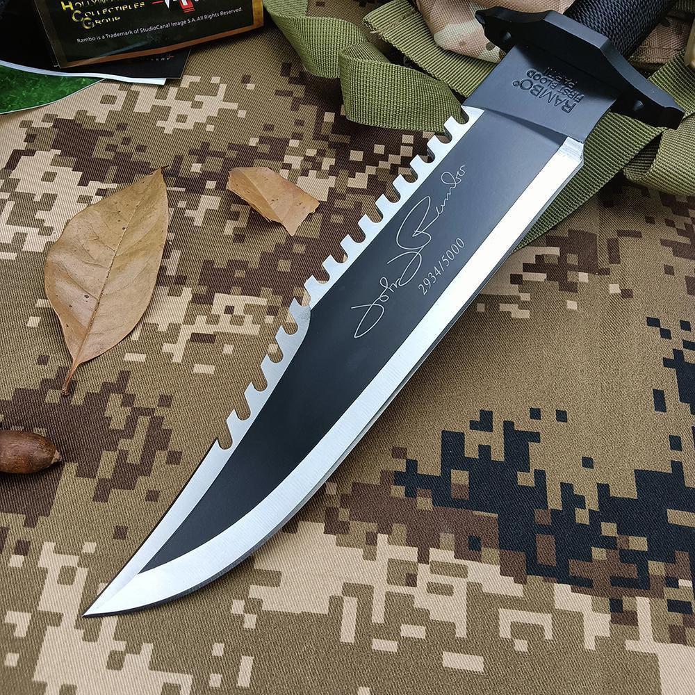 Rambo II Bowie Knife Outdoor Camping Wild Survival Knife Fixed Blade High Hardness Multifunction Combat Knife Tactical Tool with Cowhide Sheath