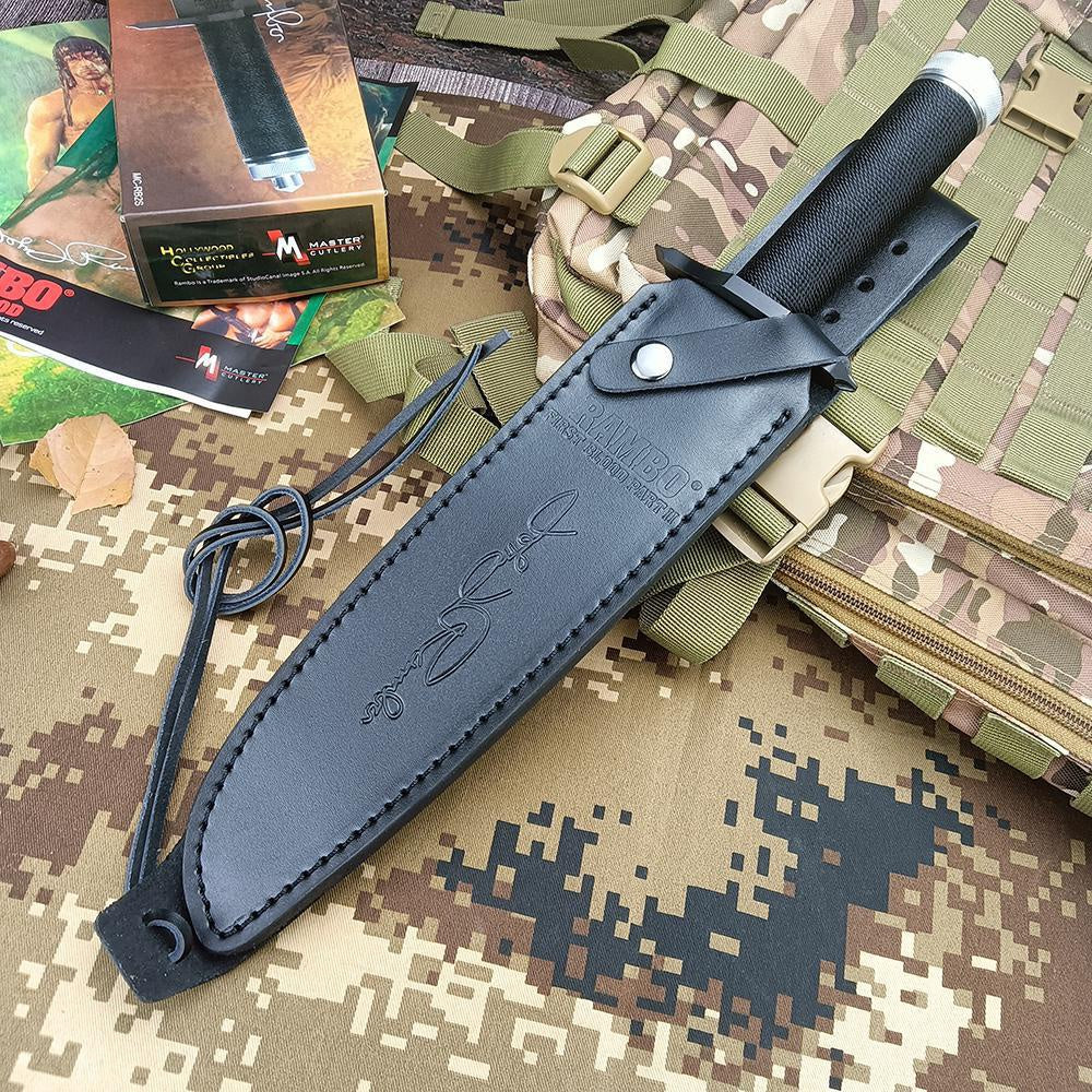 Rambo II Bowie Knife Outdoor Camping Wild Survival Knife Fixed Blade High Hardness Multifunction Combat Knife Tactical Tool with Cowhide Sheath