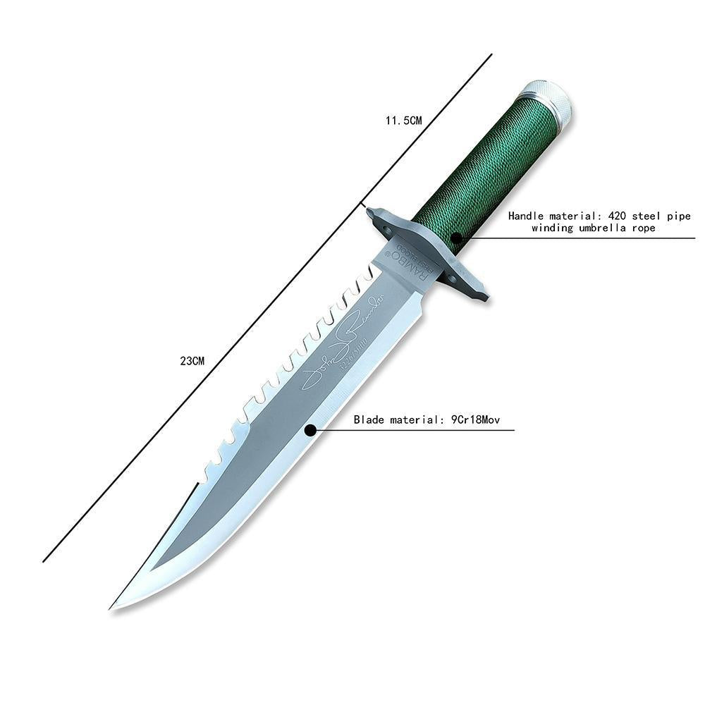 Rambo II Bowie Knife Outdoor Camping Wild Survival Knife Fixed Blade High Hardness Multifunction Combat Knife Tactical Tool with Cowhide Sheath