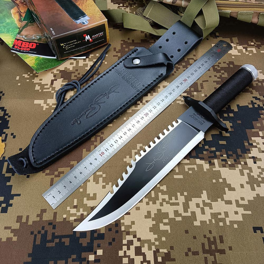 Rambo II Bowie Knife Outdoor Camping Wild Survival Knife Fixed Blade High Hardness Multifunction Combat Knife Tactical Tool with Cowhide Sheath