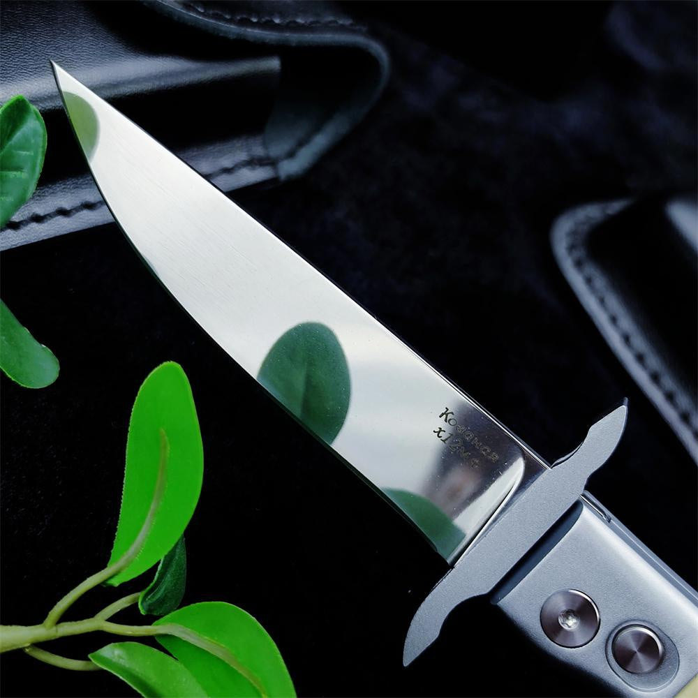 2023 NEW Finka NKVD Auto Out of The Side Knife 3.74" Mirror Polished Blade Aluminium Inlay Resin For Aviation Handle With Leather Sheath Edc Survival Tactical Blade Spring Assisted Pocket Knife