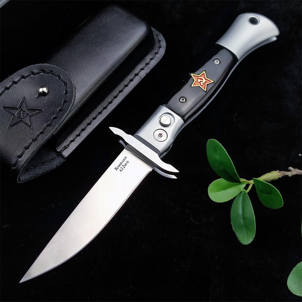 2023 NEW Finka NKVD Auto Out of The Side Knife 3.74" Mirror Polished Blade Aluminium Inlay Resin For Aviation Handle With Leather Sheath Edc Survival Tactical Blade Spring Assisted Pocket Knife