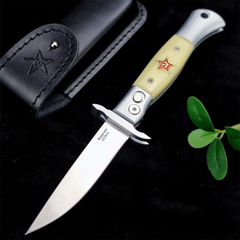 2023 NEW Finka NKVD Auto Out of The Side Knife 3.74" Mirror Polished Blade Aluminium Inlay Resin For Aviation Handle With Leather Sheath Edc Survival Tactical Blade Spring Assisted Pocket Knife