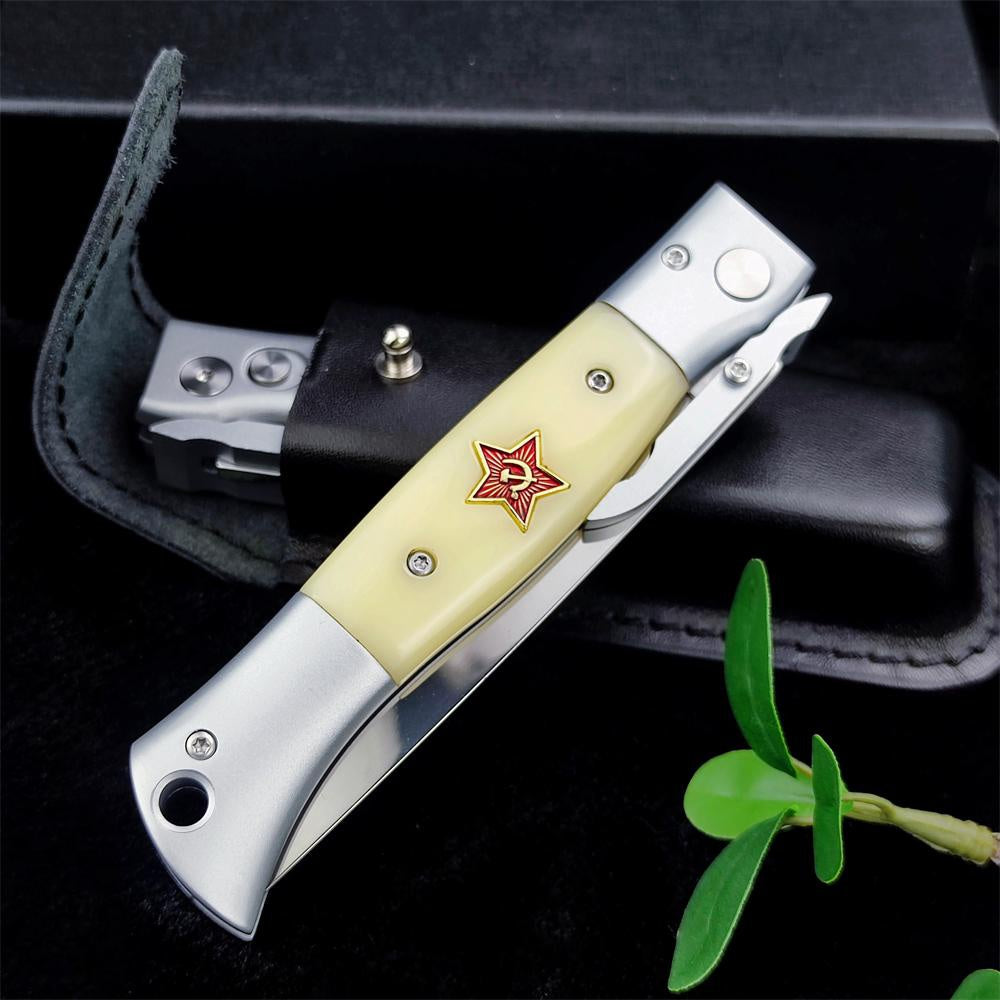 2023 NEW Finka NKVD Auto Out of The Side Knife 3.74" Mirror Polished Blade Aluminium Inlay Resin For Aviation Handle With Leather Sheath Edc Survival Tactical Blade Spring Assisted Pocket Knife