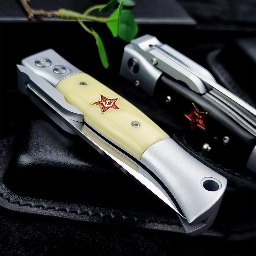 2023 NEW Finka NKVD Auto Out of The Side Knife 3.74" Mirror Polished Blade Aluminium Inlay Resin For Aviation Handle With Leather Sheath Edc Survival Tactical Blade Spring Assisted Pocket Knife