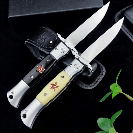 2023 NEW Finka NKVD Auto Out of The Side Knife 3.74" Mirror Polished Blade Aluminium Inlay Resin For Aviation Handle With Leather Sheath Edc Survival Tactical Blade Spring Assisted Pocket Knife